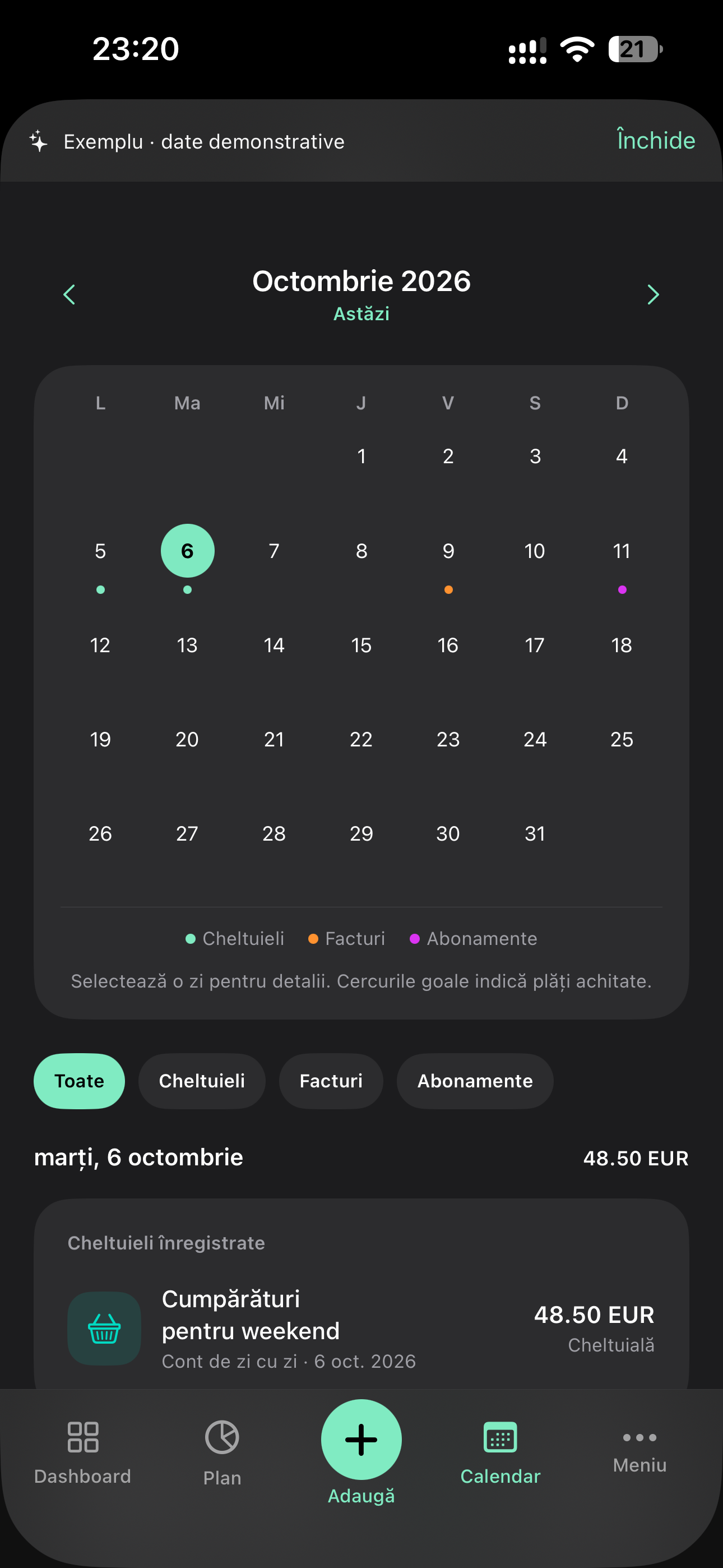 Calendar financiar cu înregistrări și scadențe